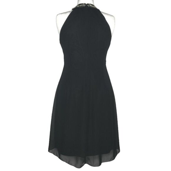 SLNY Women's Size 14 Black Bead Braided Halter Sleeveless Cascade Chiffon Dress - Picture 8 of 11